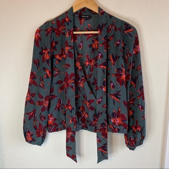Madewell Silk Tie-Neck Floral 100% Silk Long Sleeve Wrap Top Women’s Size Small - Picture 4 of 10